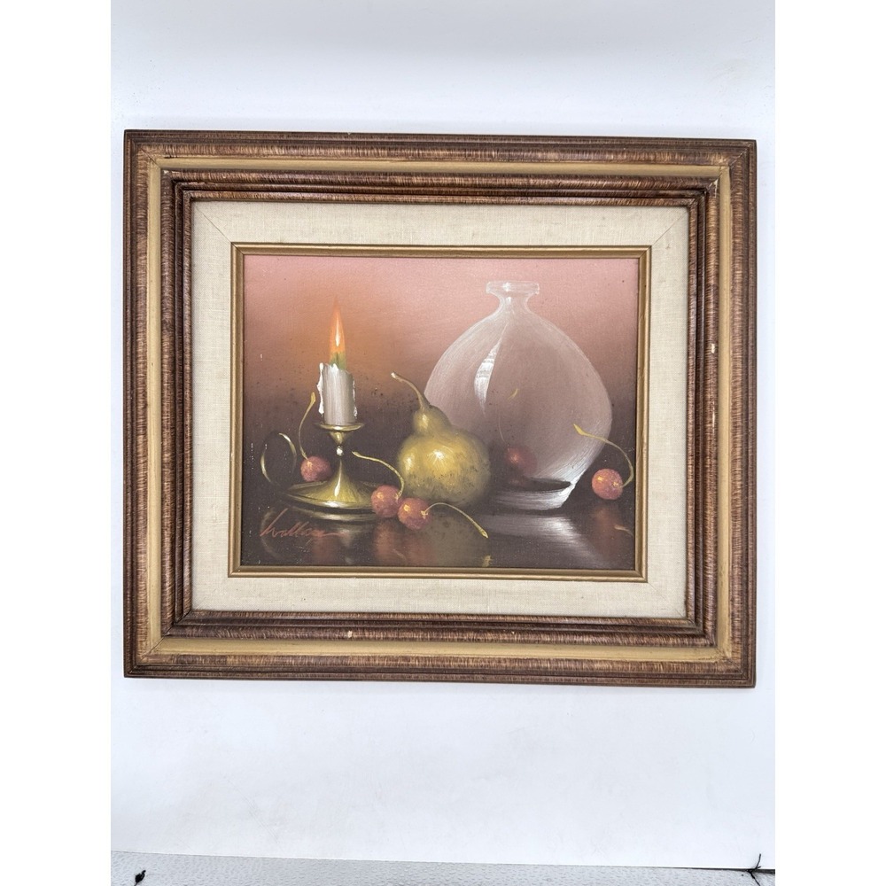 C. John Wallace Still Life Painted On Canvas Candle Fruit & Pitcher